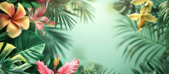 A light green background adorned with tropical leaves and flowers creates a summer themed copy space image