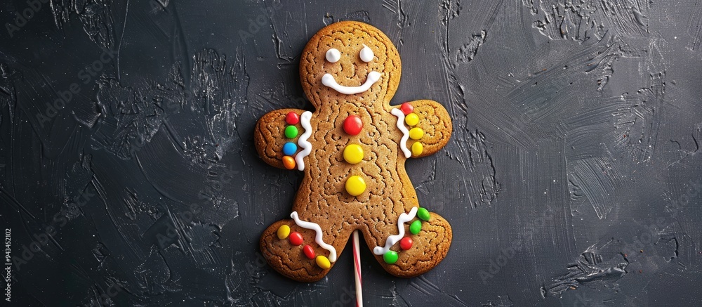 Poster gingerbread man christmas cookie on a stick with colorful frosting against a dark background top dow