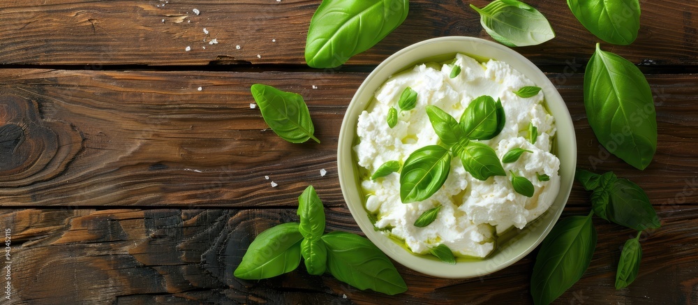 Poster Green table with fresh ricotta and basil cream cheese displayed from a top view perspective offers ample copy space image