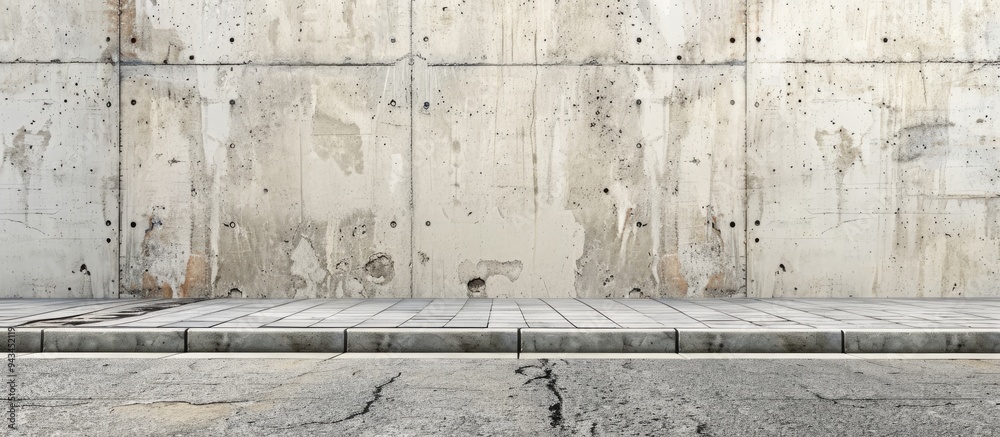 Poster a grungy concrete wall with a building facade in the background a sidewalk and asphalt road in front