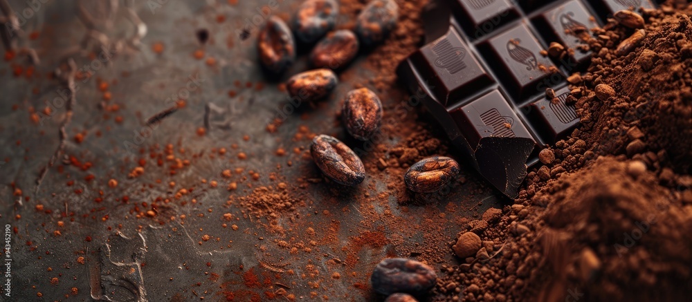 Leinwandbilder dark chocolate cocoa beans and powder displayed on a concrete table with copy space image