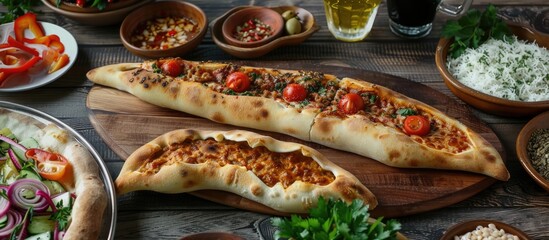 A table featuring a variety of Turkish pide ayran and salad with empty space for adding additional items in the image