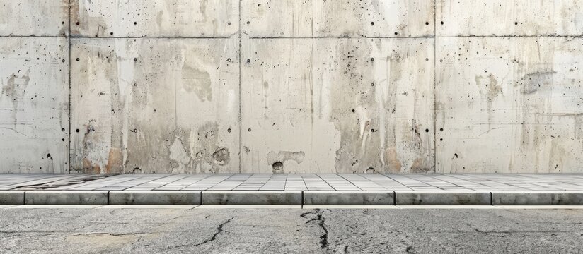 A grungy concrete wall with a building facade in the background a sidewalk and asphalt road in front ideal for a copy space image