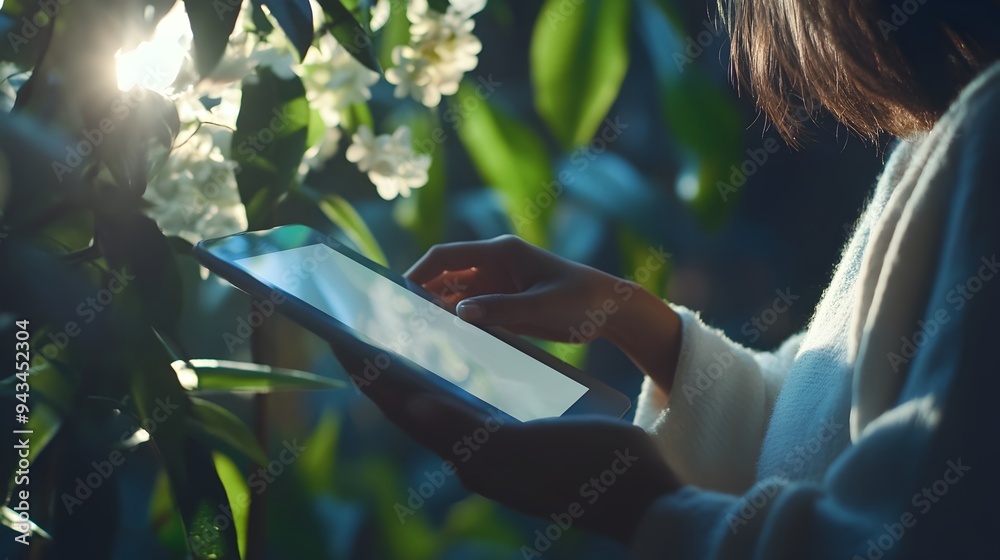 Poster a person holding a tablet device and swiping on the touchscreen display engaging with digital techno