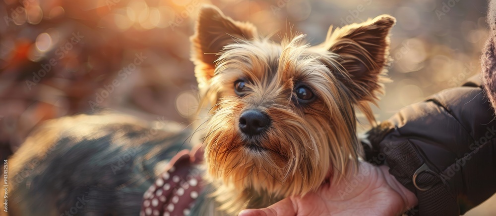 Poster close up image of people petting a yorkshire terrier dog with pets in a copy space image