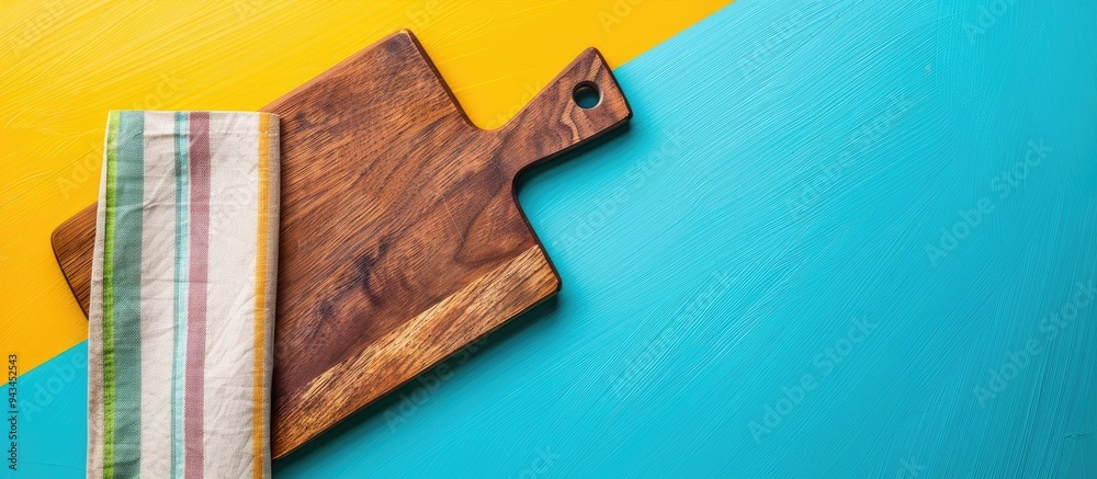 Fototapete top view of a cutting board with a napkin on a colorful background providing copy space image