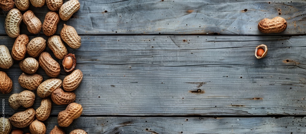 Aufkleber Peanuts with shells arranged on a weathered gray wooden surface with available copy space image