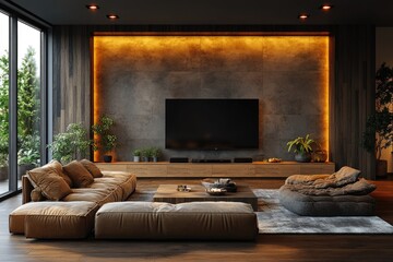 Modern Living Room: Minimalistic Design with Wooden Furniture, Large Flat TV, and Dark Wall Backgr