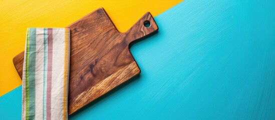 Top view of a cutting board with a napkin on a colorful background providing copy space image