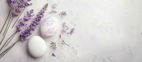 Studio photography of a beauty cosmetics product presentation mockup scene featuring a tranquil composition incorporating white stone lavender flowers and emphasizing natural purity and a summery atm