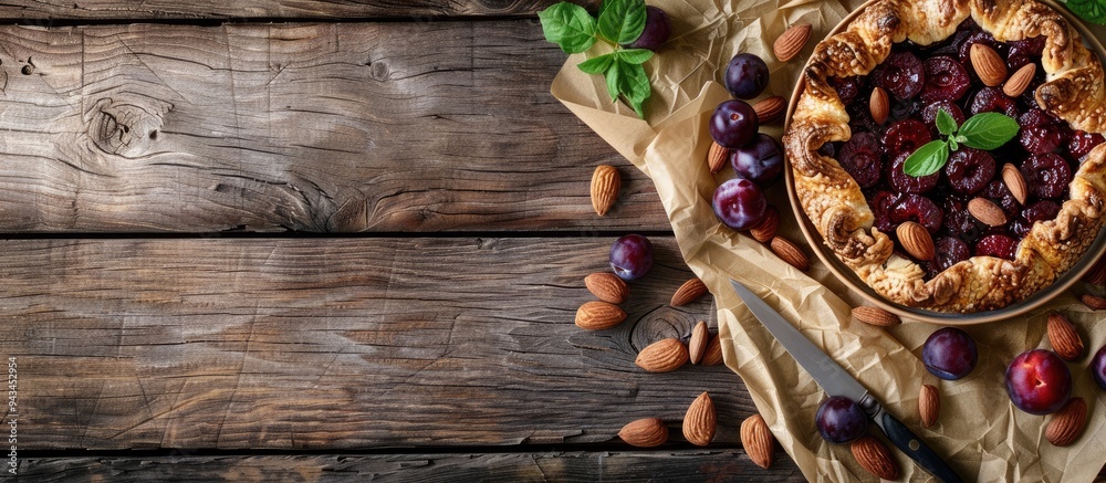 Poster wooden background with baking paper a tasty plum galette and a dish of almonds offering a visually a