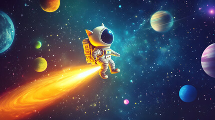Cat Astronaut flying outer space among colorful planets and stars 3D cartoon illustration