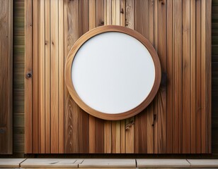 A wooden wall hosts a circular mockup signboard