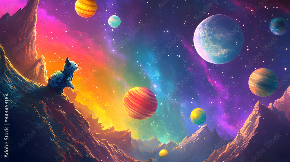 Wall mural Cat Astronaut flying outer space among colorful planets and stars 3D cartoon illustration