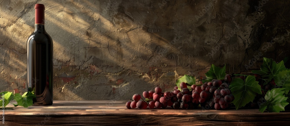Poster red wine bottle next to grapes on a wooden surface with copy space image available