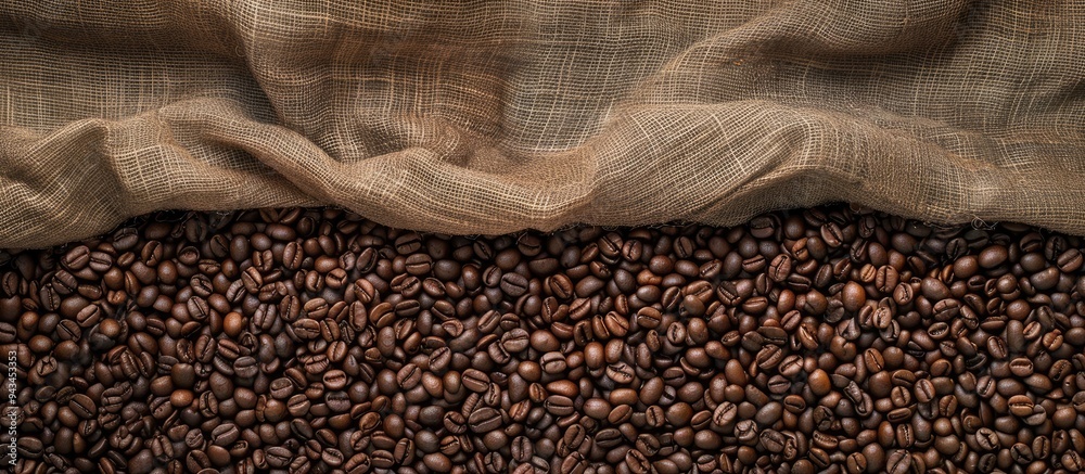 Poster a textured surface of roasted coffee beans on a brown linen fabric backdrop is set as a flat lay wit