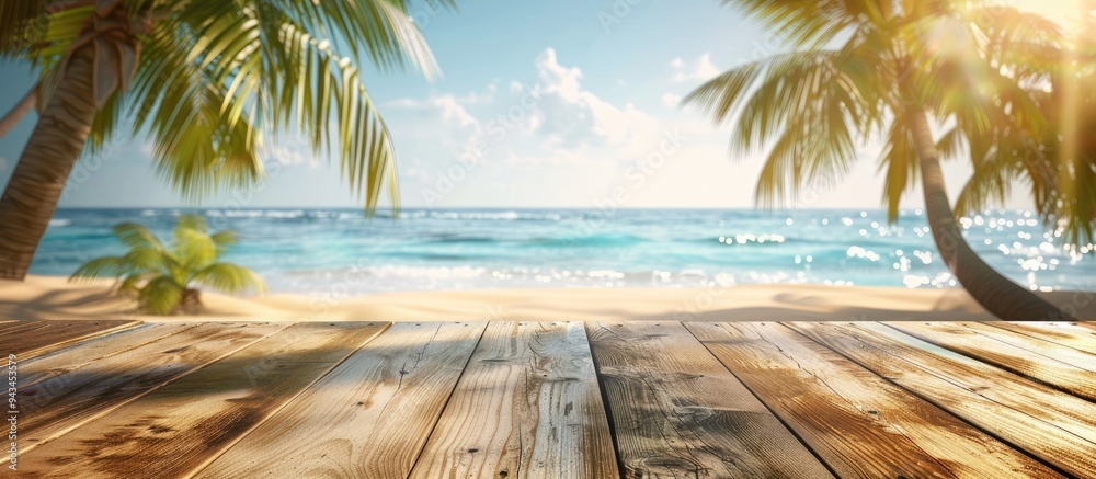 Aufkleber Ideal for showcasing summer products a wooden table with a blurred tropical beach backdrop featuring palm trees creating a fitting copy space image