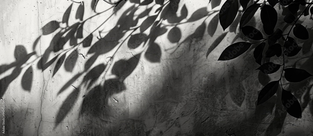 Wall mural abstract black and white background of leaf shadows on a concrete wall with empty copy space image