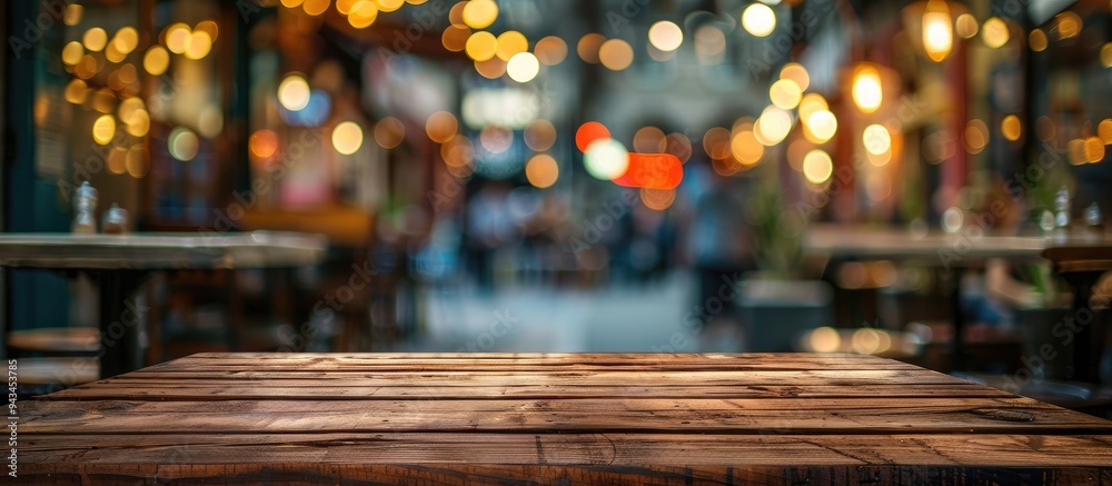 Poster a wooden table is displayed in a blur of a modern night scene at a bustling restaurant offering a ge