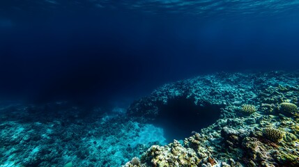 2. "Underwater perspective of the Great Blue Hole, featuring the dark abyss of the sinkhole contrasting with the bright, clear waters of the surrounding reef