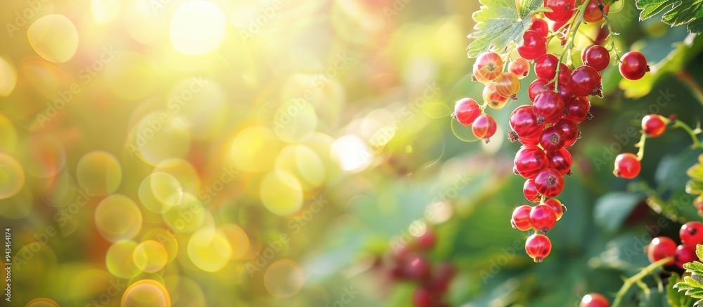 Poster Summer garden with currants on blurred background creating copy space image