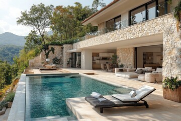 Elegant Mediterranean Villa with Modern Pool Area, Sun Loungers, and Luxury Outdoor Living Space