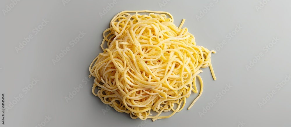 Poster top view of raw dried spaetzle egg noodle on a gray background with copy space image