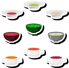 Illustration on theme big set various types beautiful tasty edible hot homemade soups