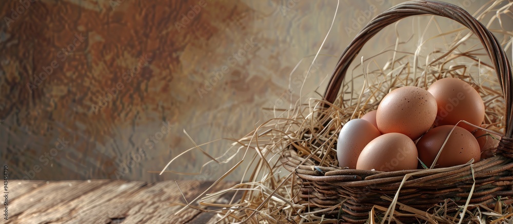 Poster wicker basket holding fresh chicken eggs set on a dried straw bale with copy space image available