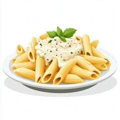 Close-up of a plate of penne pasta with creamy sauce and basil.