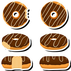 Illustration on theme big set different types sticky donuts, sweet doughnuts various size