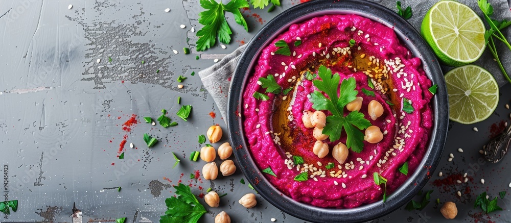 Leinwandbilder Bowl of flavorful beet hummus with chickpeas garnished with lime and parsley on a textured grey tabletop in a flat lay composition with room for text in the image. Creative banner. Copyspace image