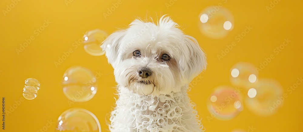 Poster maltese dog with soap bubbles on a yellow backdrop perfect for a copy space image