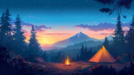 In the forest, camping tent, bonfire, backpack, and summer camp. landscape with mountain, forest and campsite.stockphoto style