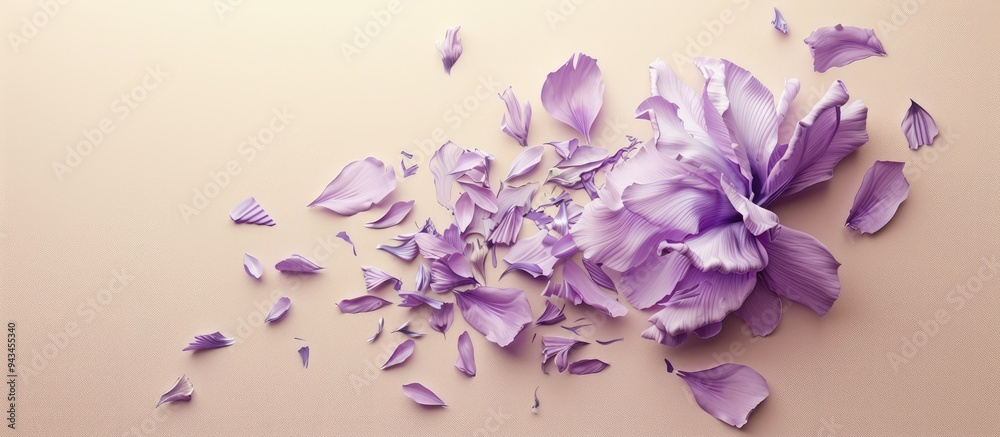Poster purple art of a broken pion flower and petal displayed on a beige neutral background in a top view c