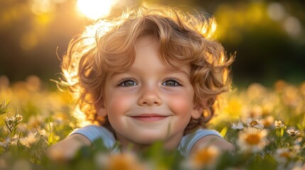 Child lying in daisy field during a golden sunset