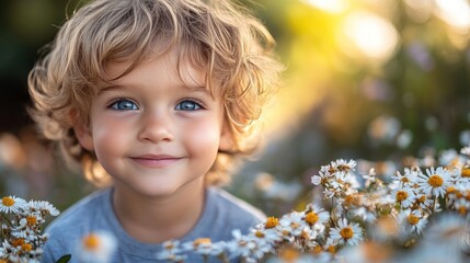Fototapeta premium Child with blue eyes in a field of white daisies