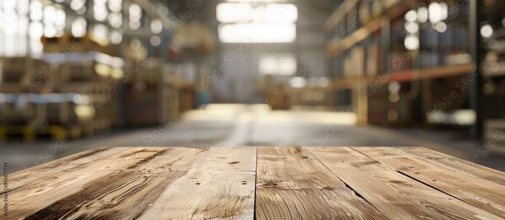 Poster A wood table is empty with a blurred warehouse backdrop providing ample copy space for displaying products in an industrial setting