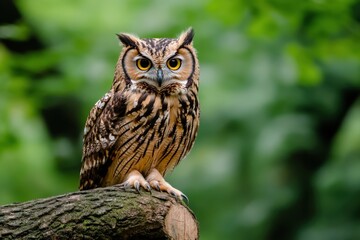 Fototapeta premium A majestic owl with piercing yellow eyes is perched on a branch, surrounded by lush green foliage. The owl’s intense stare is both captivating and slightly intimidating.