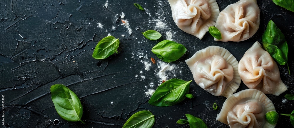 Aufkleber dumplings and basil displayed on a black surface with copy space image