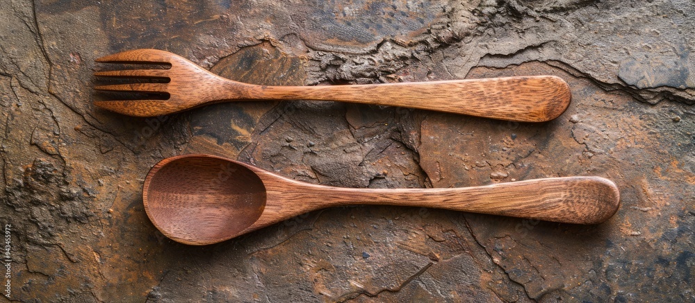 Poster Wooden spoon and fork set displayed on a textured brown surface providing space for adding an image viewed from the top. Creative banner. Copyspace image