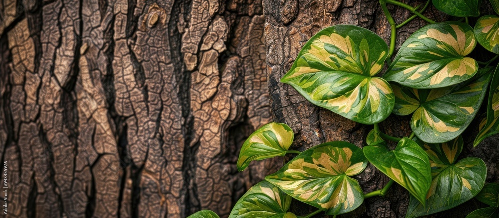 Poster nature s art golden pothos leaves of liana scindapsus against a rustic tree bark background perfect 