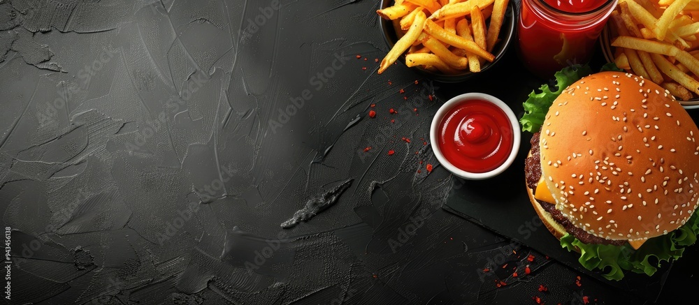 Poster top view of a fast food burger menu with fries and ketchup on a black background including a copy sp