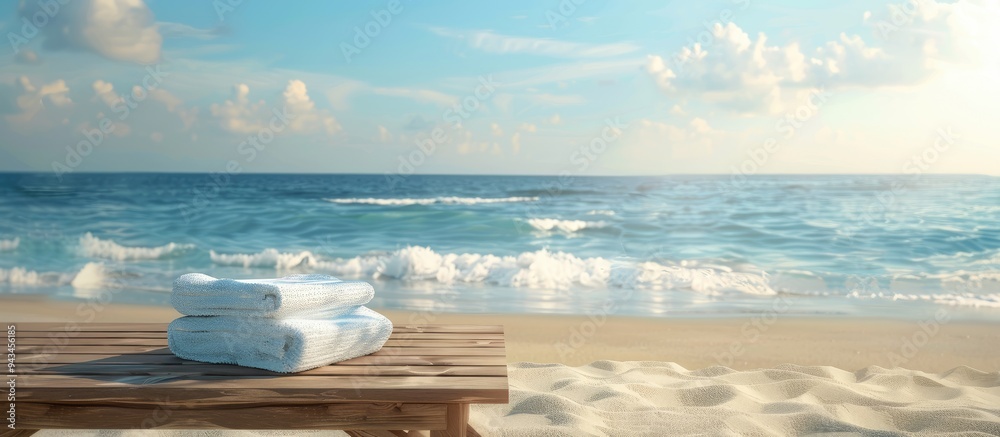 Poster a serene beach scene with a wooden table and white towels offering copy space image against a backdr