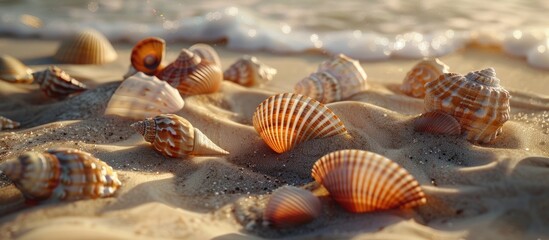 Assorted seashells scattered on the sandy beach creating a serene copy space image