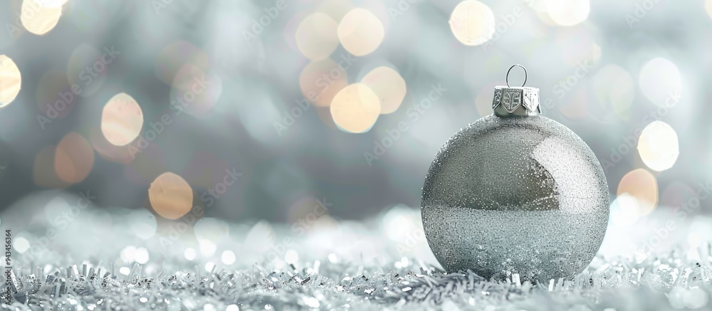 Poster Christmas bauble in silver against a blurry background with bokeh effect ideal for a banner design with copy space image