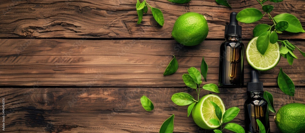 Aufkleber bottles of essential oils dropper limes and green leaves set on a wooden surface with a clear area f