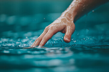 Determined Swimmer Reaching for Edge of Pool with Water Droplets and Ripples - Close-up of Hand Touching Wall