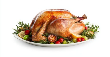 An attractive white plate with a cut-out image of roasted turkey with rosemary and lemon