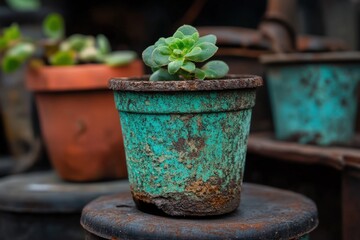 A close-up photograph of a succulent plant growing in a rusty, weathered pot, showcasing the beauty of resilience and life amidst decay and imperfection.